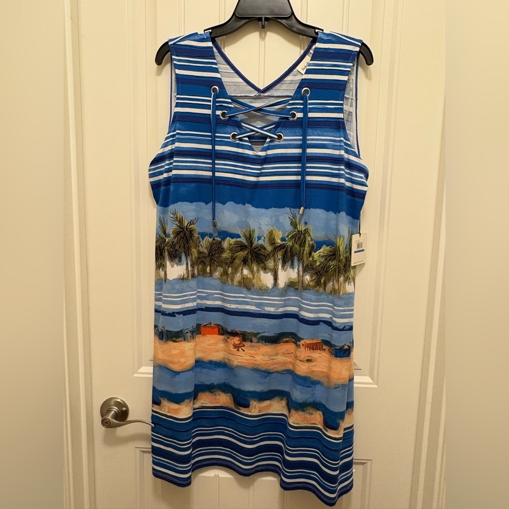 Rafaella Blue and White Sleeveless V-Neck Sundress
